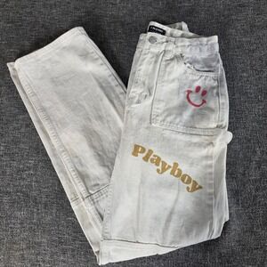 Playboy by PacSun Womens 25 Carpenter Jeans White Graphic Y2K Baggy Utility